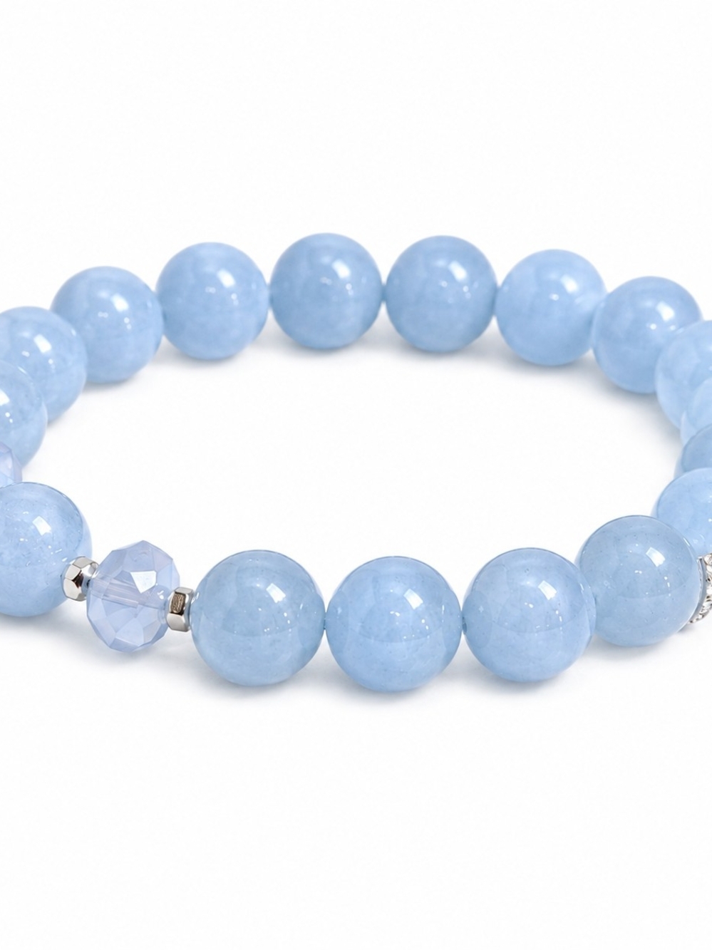 Light Blue 10 mm Beaded Aquamarine Stretch Bracelet - Women's Jewelry